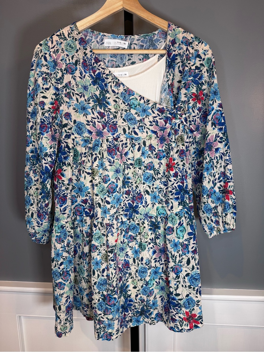 Zara Girls Floral Dress 11-12 Blue Boho Long Sleeve Mini Dress